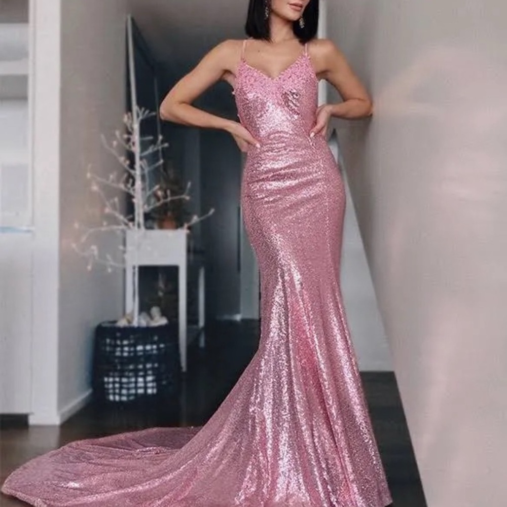 Hebeos Pink Sequin Floor Length Sleeveless Gown Prom Dress Size 6